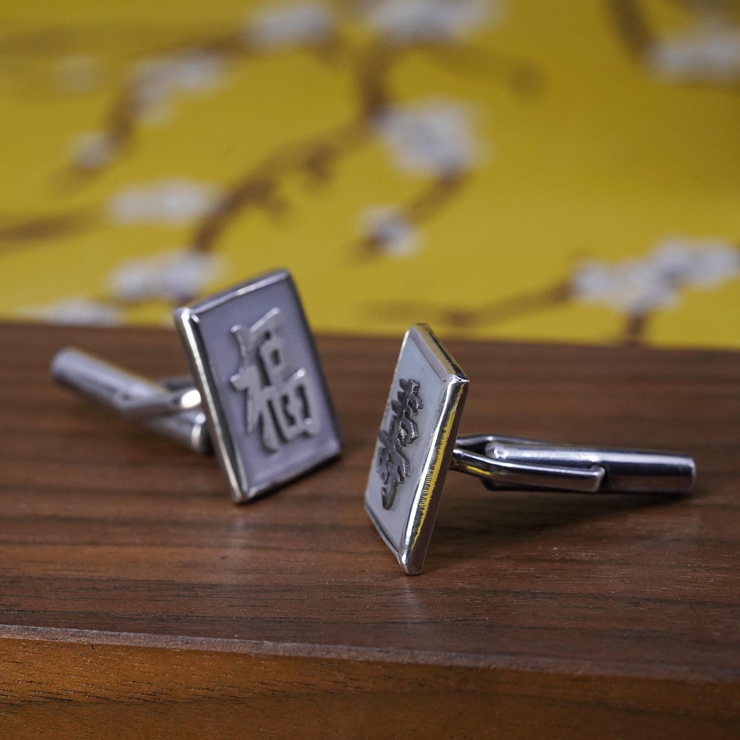 Whitney Kelly sterling silver cufflink, 925 cuff links MOP blessing longevity