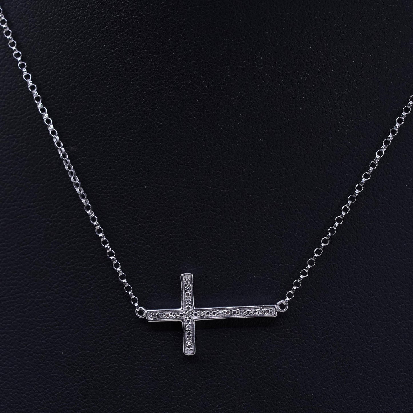 14” 1.4mm, Vintage sterling silver circle chain with cz cross pendant, necklace