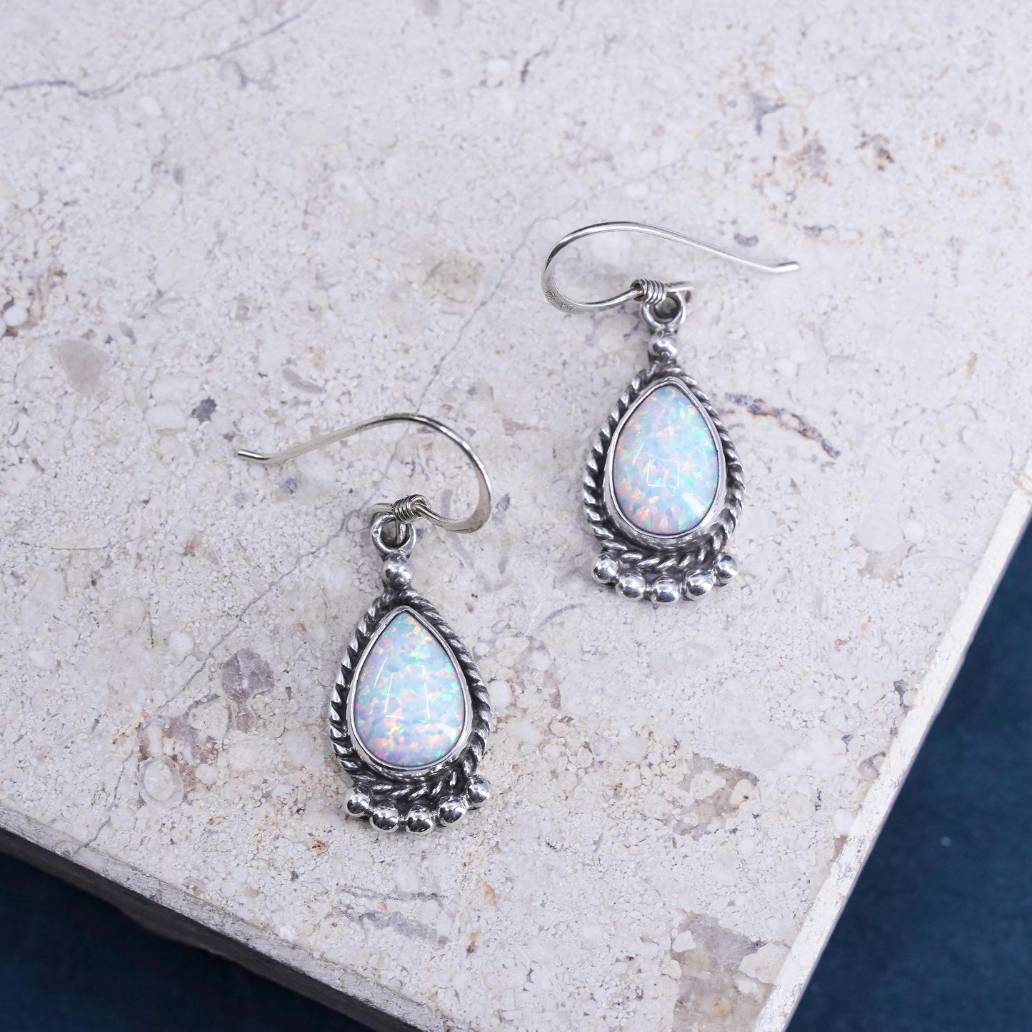 Native American Virgil M. Dishta sterling silver 925 teardrop earrings w/ opal