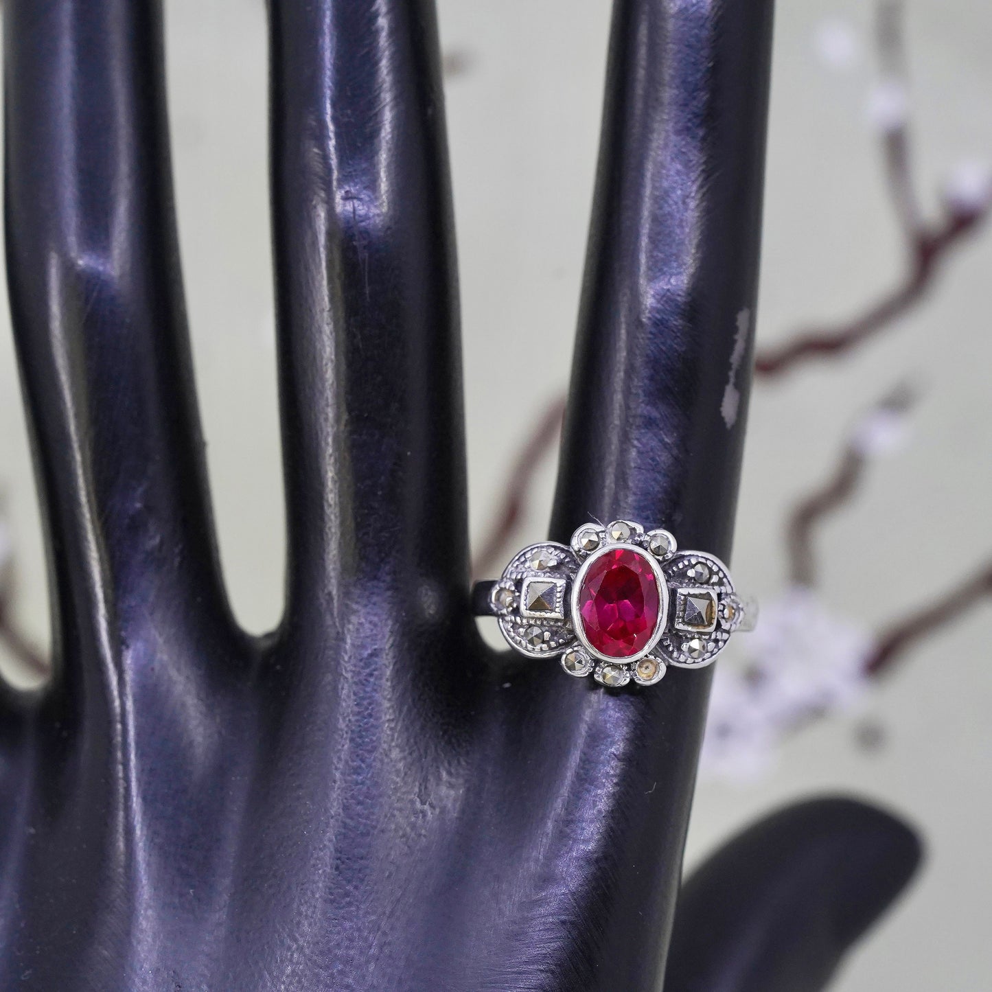 Size 7.5, Vintage Sterling 925 silver handmade ruby ring with marcasite