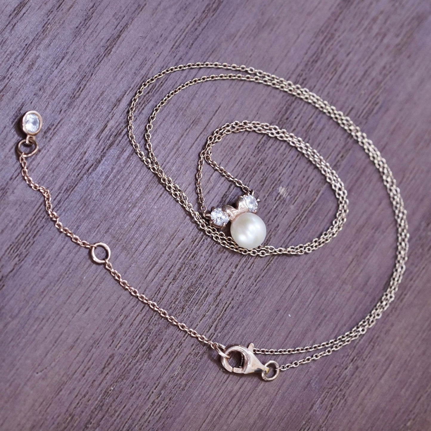 16+2”, vermeil rose gold over Sterling silver necklace, 925 chain pearl pendant