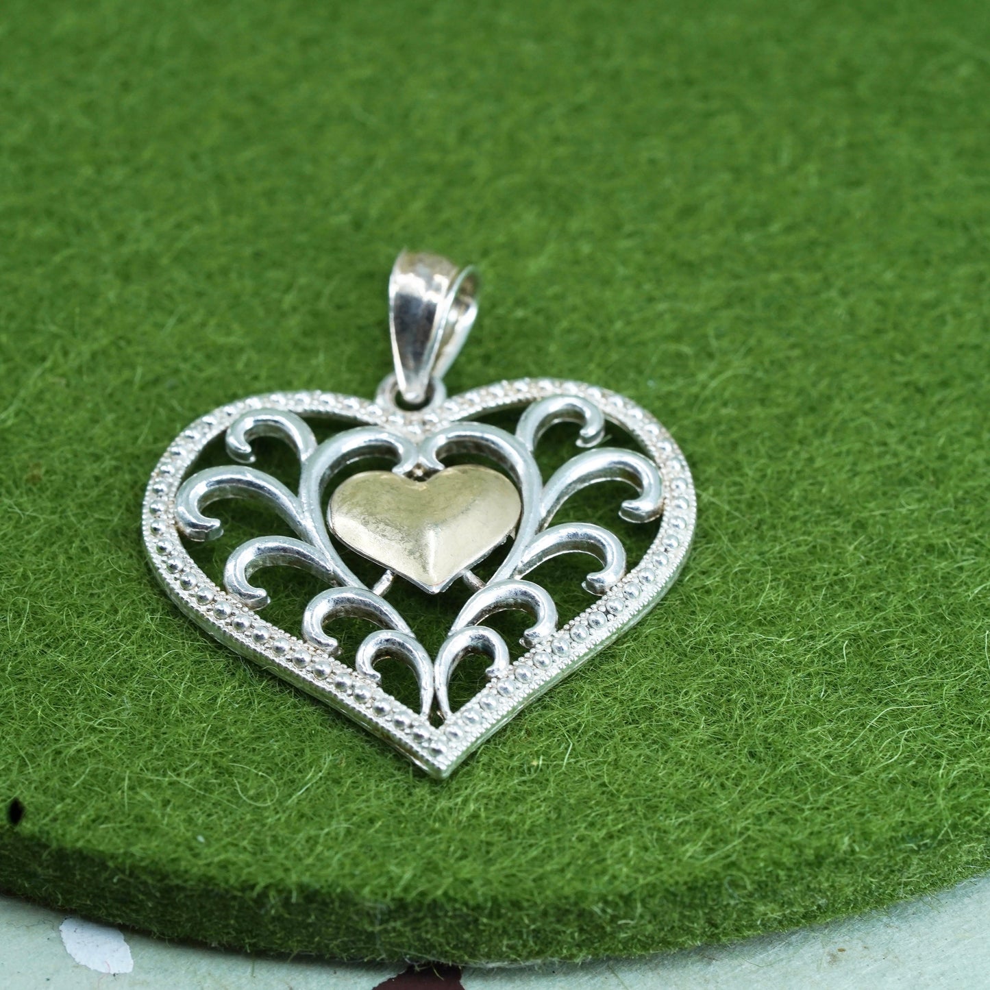 sterling silver handmade pendant, 10K yellow gold with 925 filigree heart charm