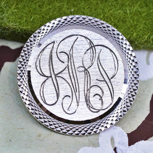 sterling silver handmade brooch, round tag with name monogram "GRP" engraved