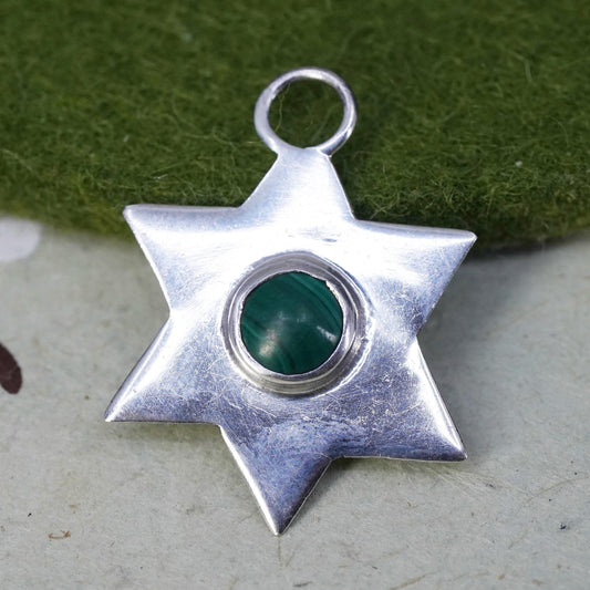 Vintage sterling silver handmade pendant, 925 hexagram with malachite inlay