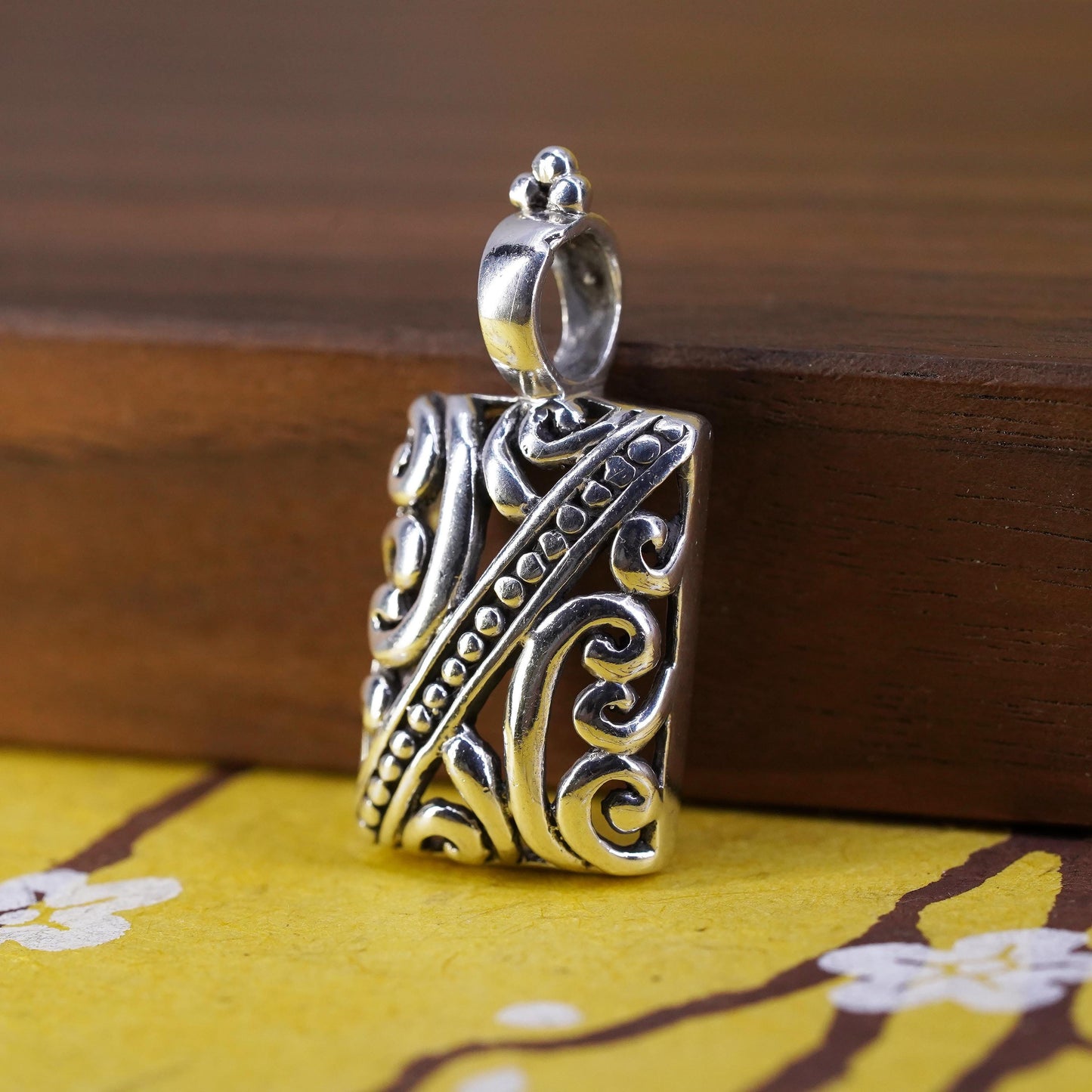 Vintage Sterling 925 silver handmade pendant, filigree rectangular pendant