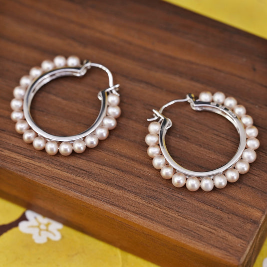 1.25” Sterling silver handmade earrings, southwestern 925 Huggie hoops pearls