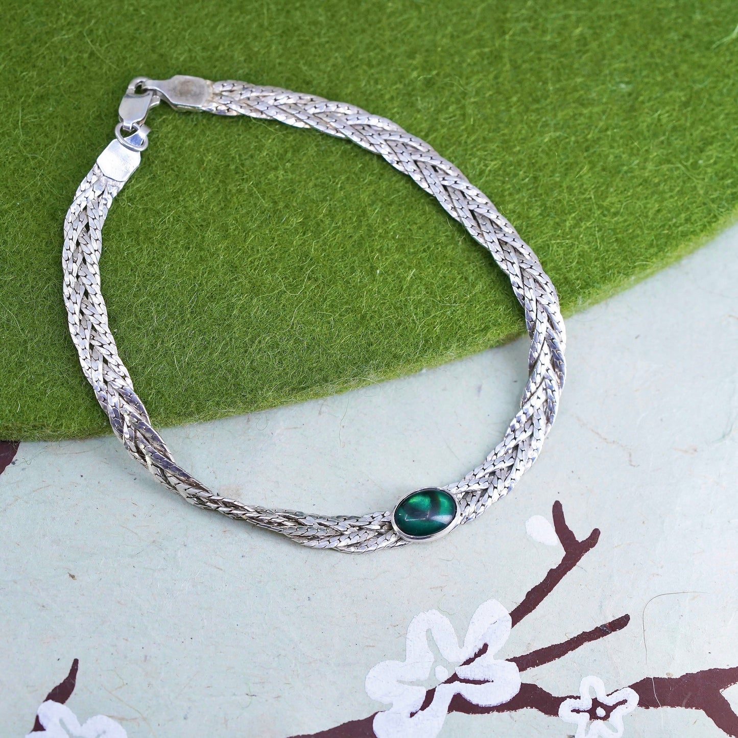 7.25”, Vintage sterling silver handmade bracelet, wheat bracelet with abalone