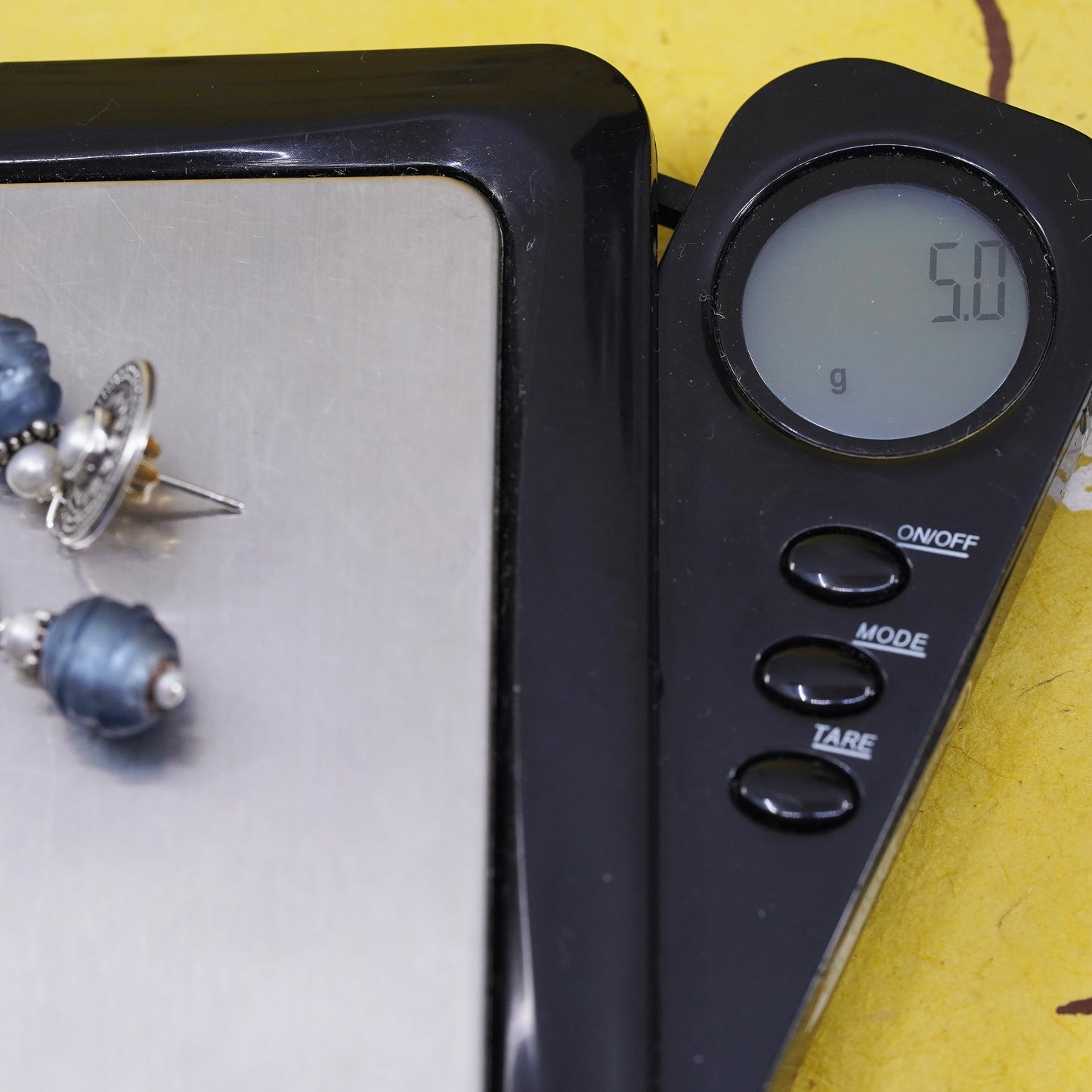 Vintage sterling silver earrings, bali 925 discs with pearl and blue glass bead