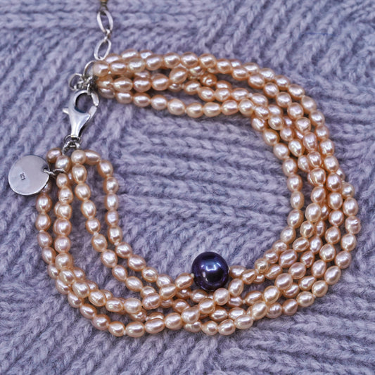 6.75+1", One Pearl Sterling 925 silver multi strands bracelet orange pearl bead