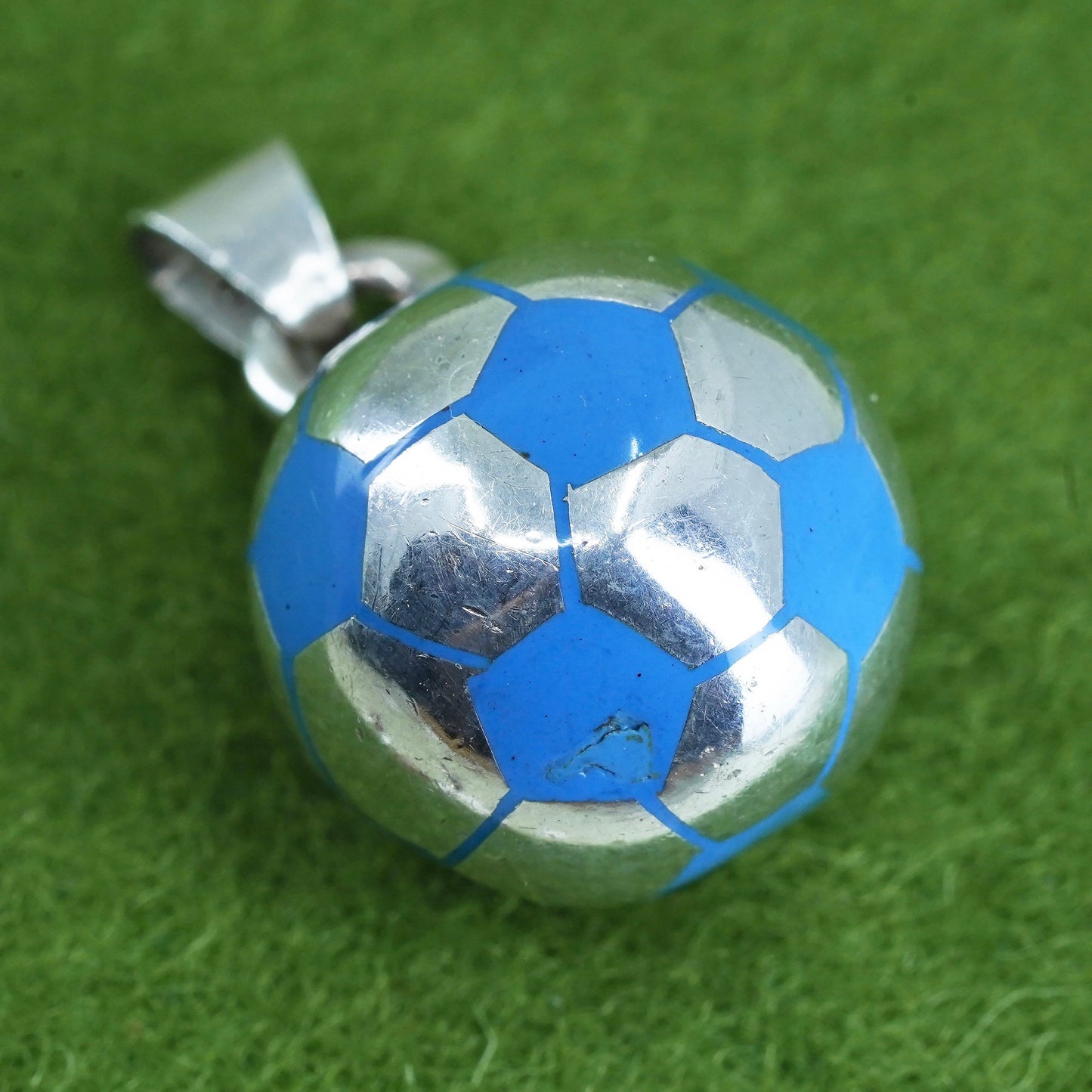 Mexican sterling silver pendant, 925 silver football soccer charm blue enamel