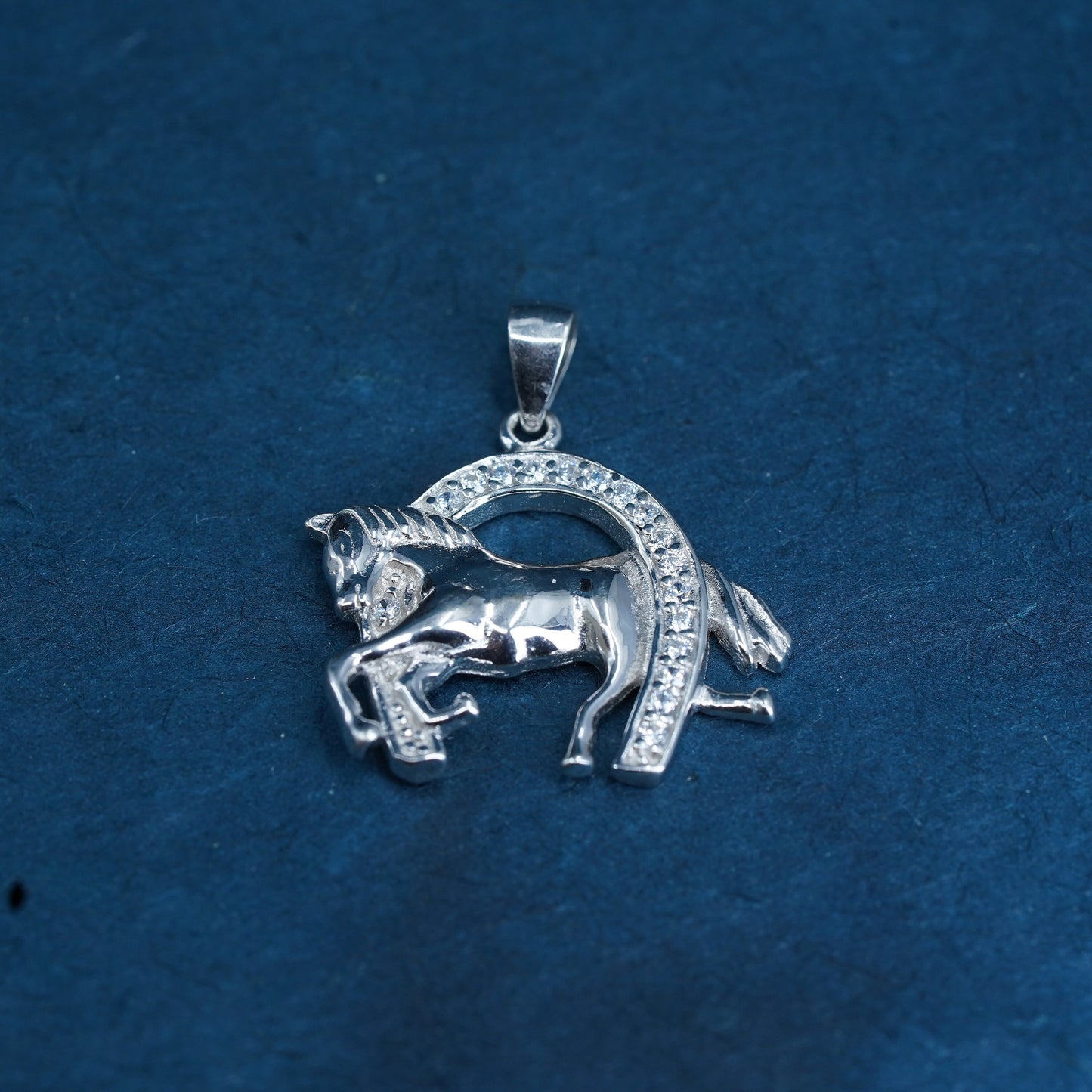 Vintage sterling silver horse pendant, 925 charm with cz horse shoe
