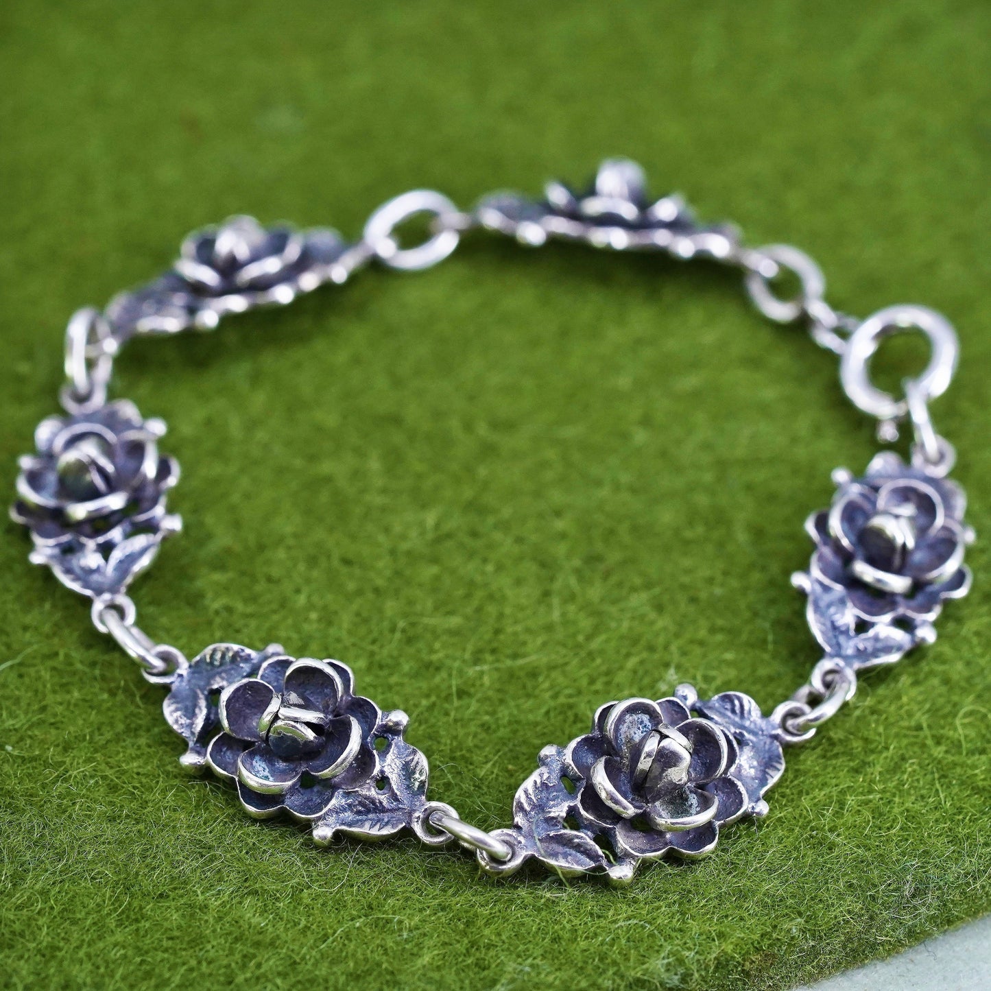 6.25", vintage sterling 925 silver handmade bracelet, flower link chain