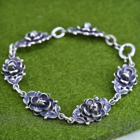 6.25", vintage sterling 925 silver handmade bracelet, flower link chain