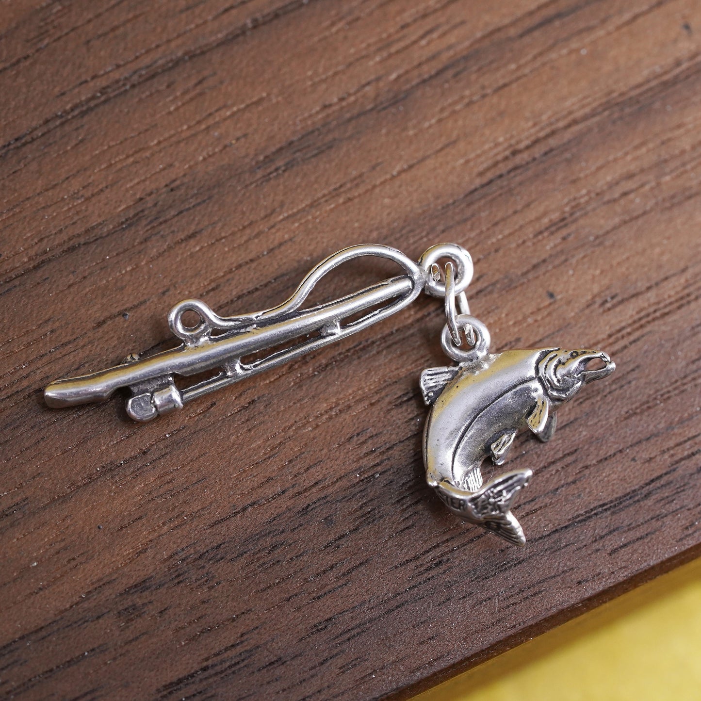 Vintage sterling silver handmade pendant, 925 salmon fishing charm