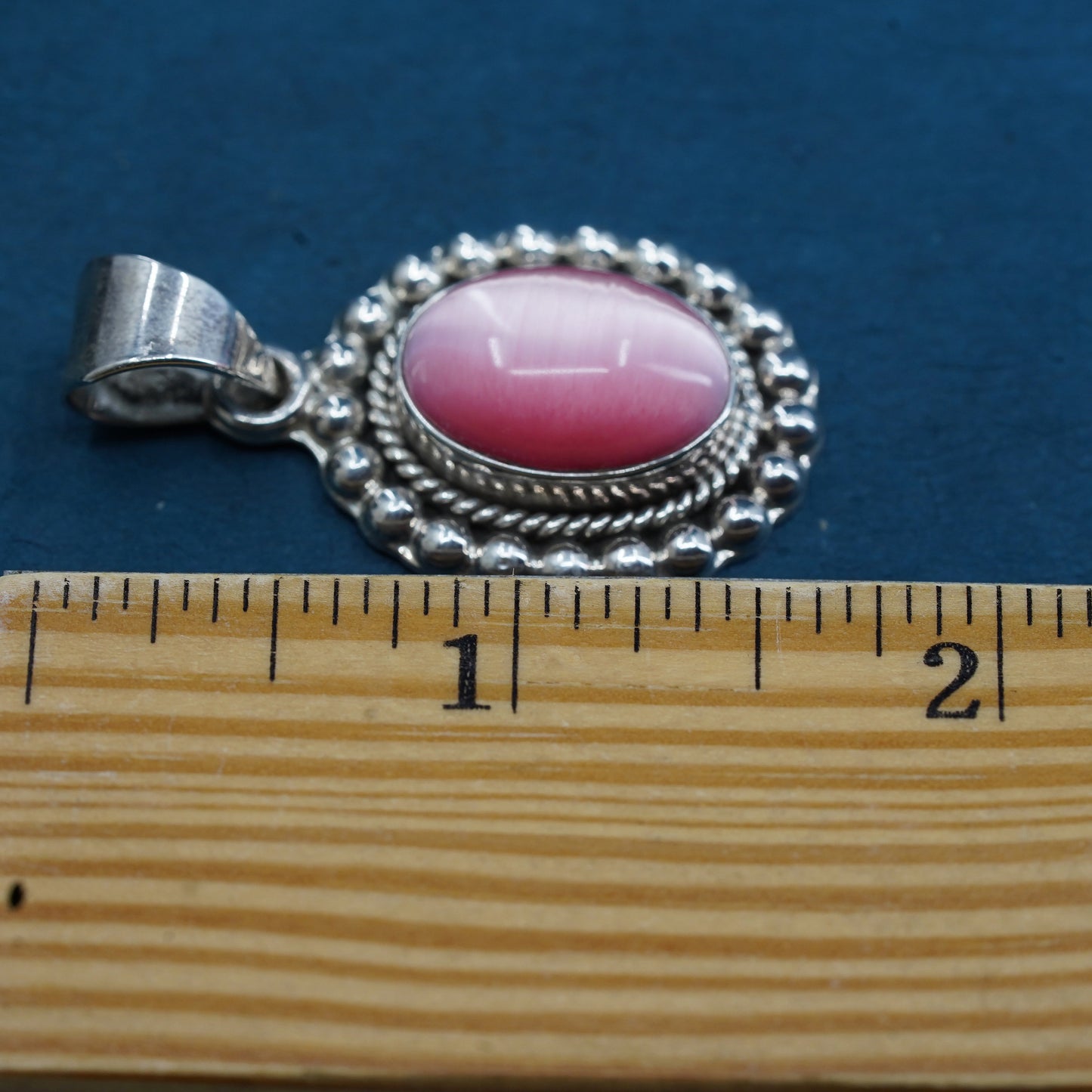 Mexican Sterling silver pendant, 925 beaded charm with oval pink cat eye