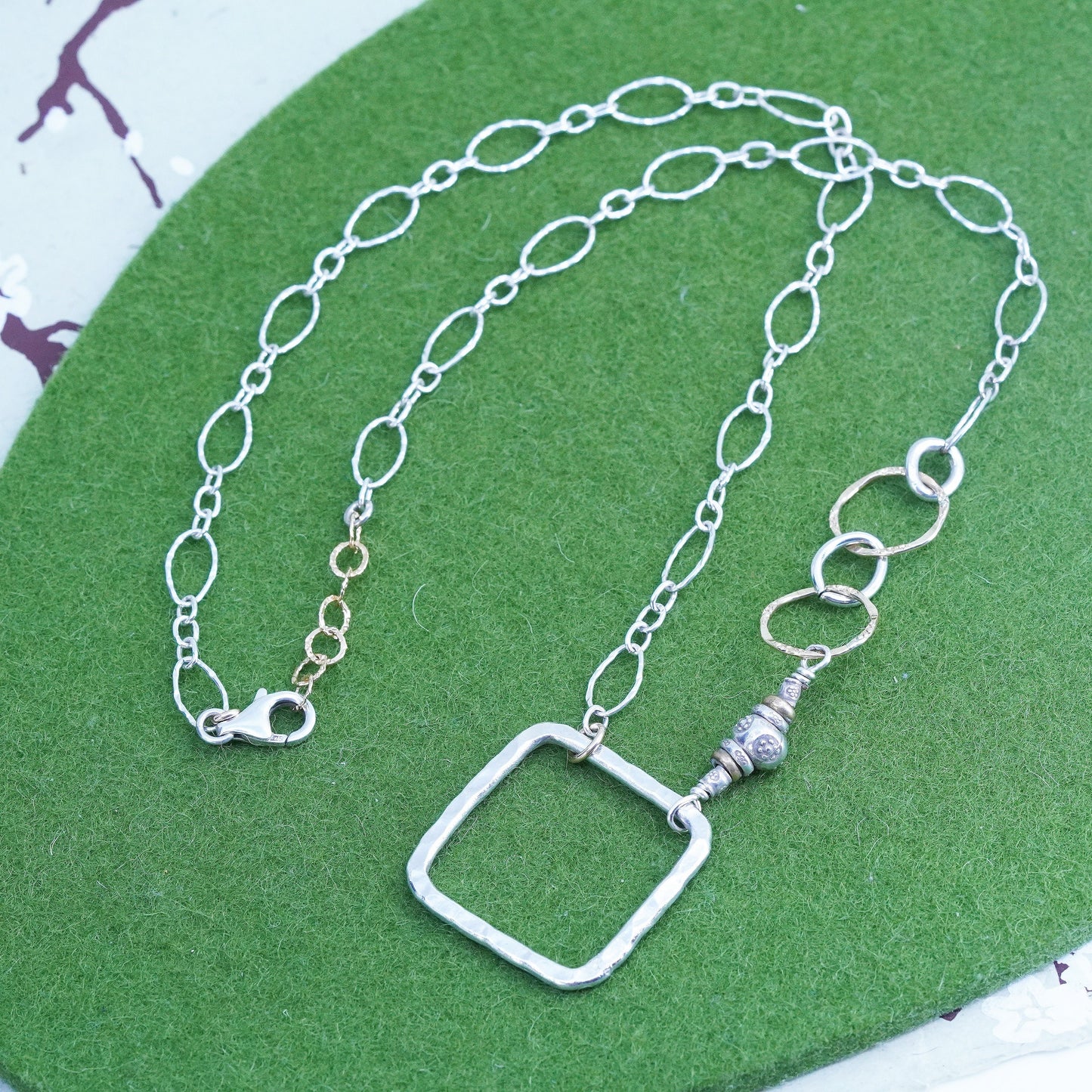 20”, Two Tone sterling silver necklace, 925 figaro chain with square Pendant