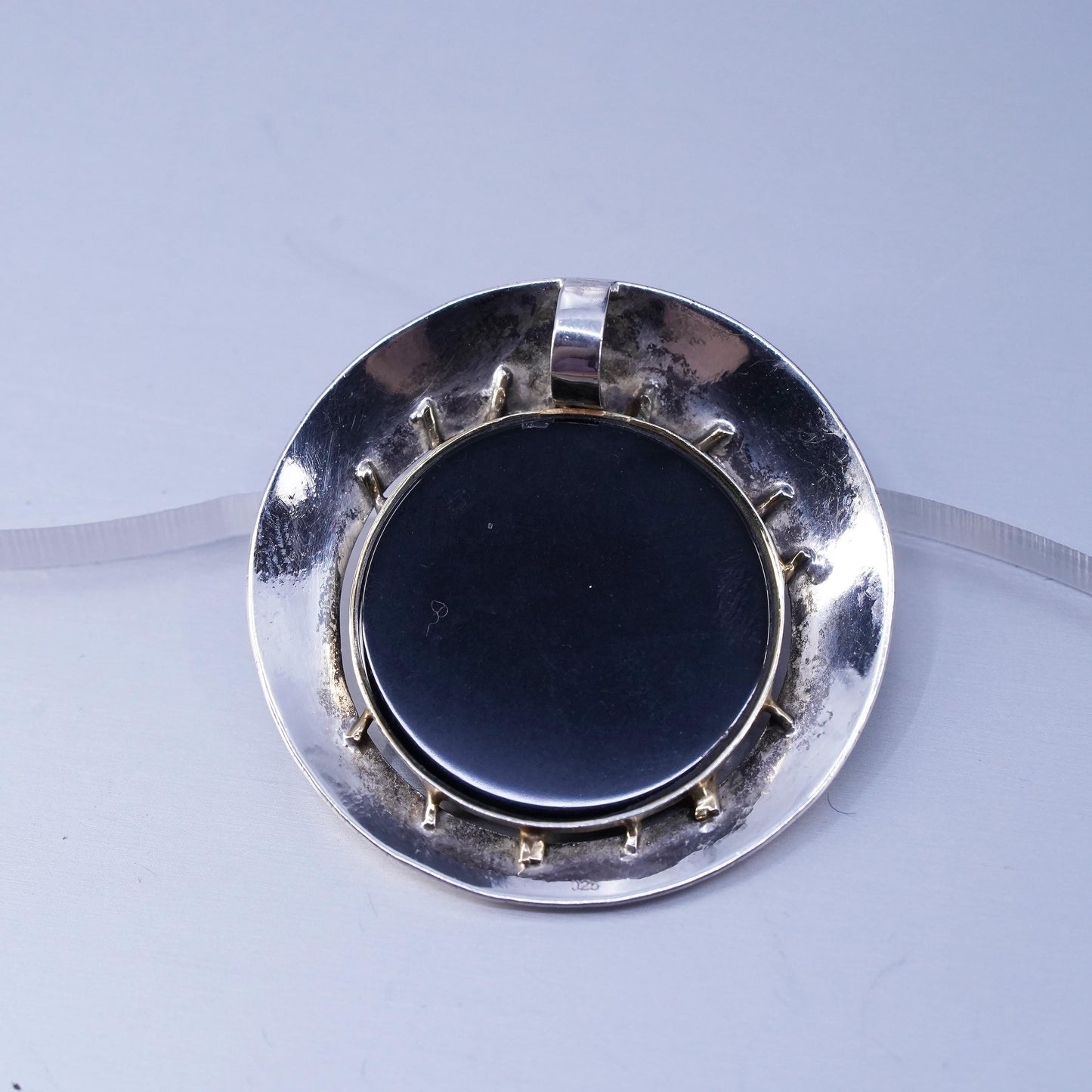 Vintage two tone brase sterling 925 silver circle pendant charm with onyx beads