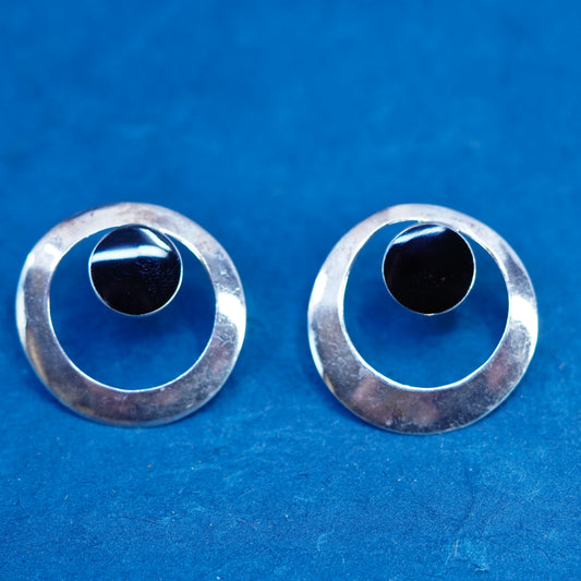 vintage Sterling silver handmade circle earrings, 925 huggie studs with onyx inlay