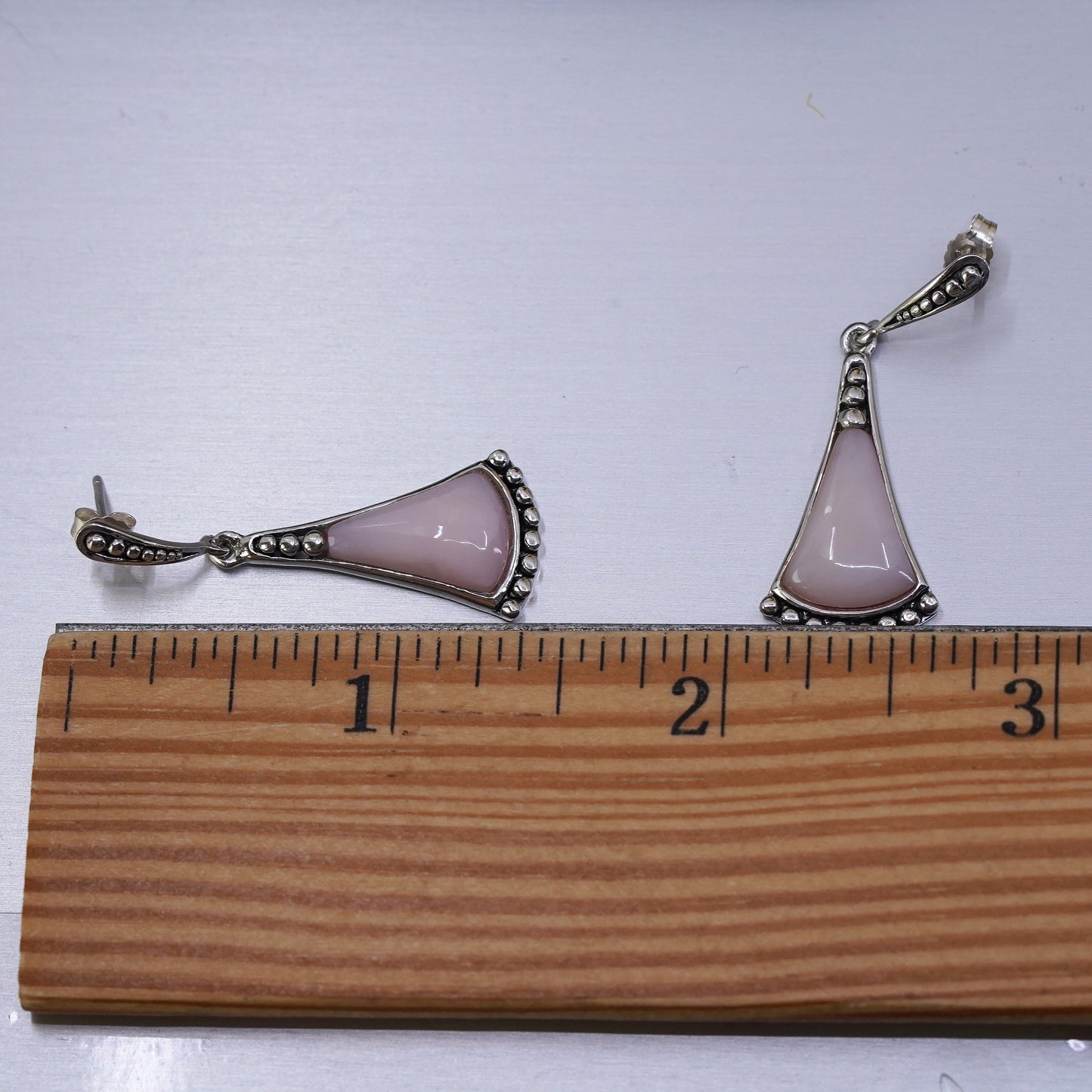 Vintage Sterling 925 silver handmade earrings with teardrop pink rose quartz