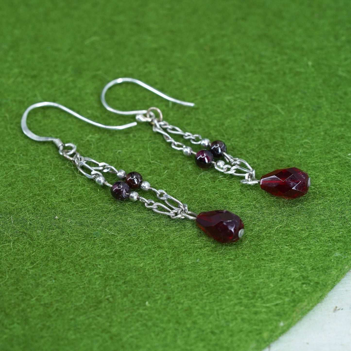 Vintage sterling 925 silver handmade chain earrings with teardrop garnet