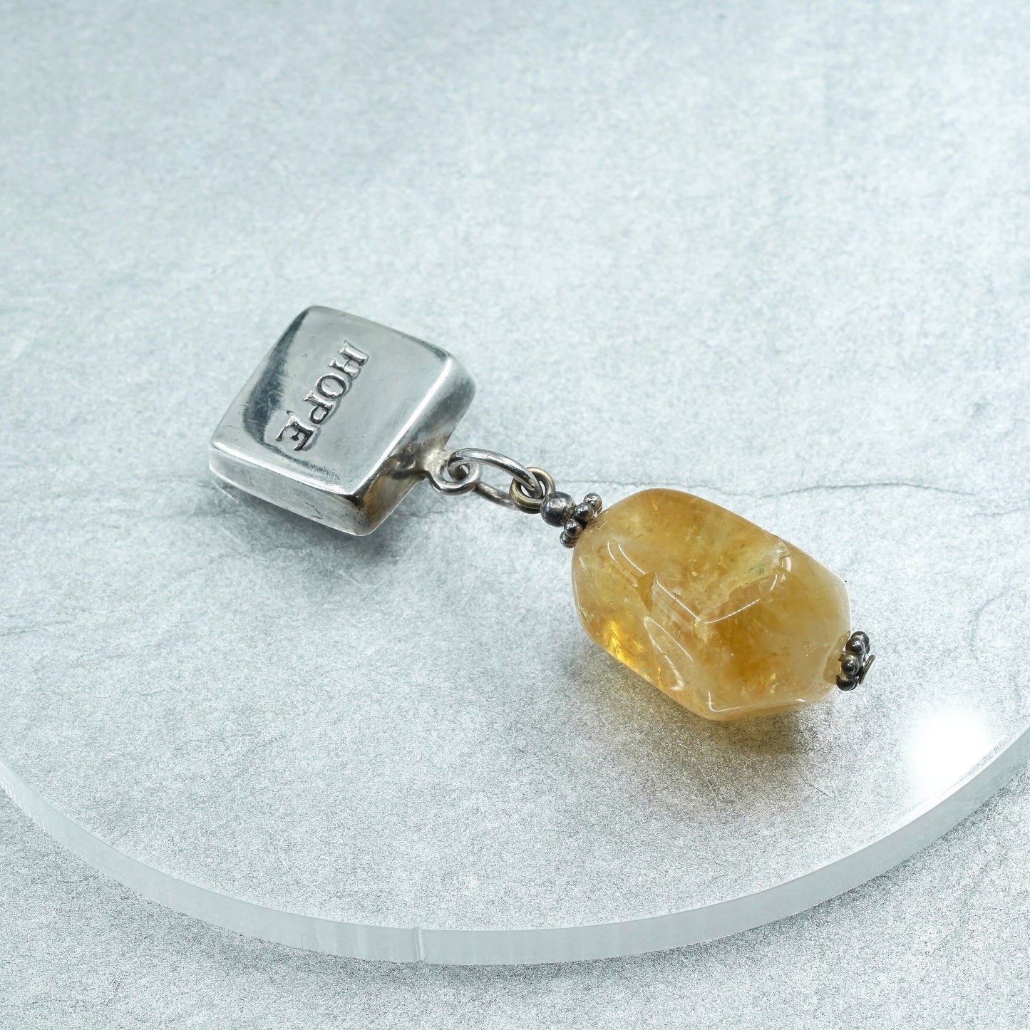 Vintage sterling 925 silver handmade “Hope” charm pendant with citrine nugget