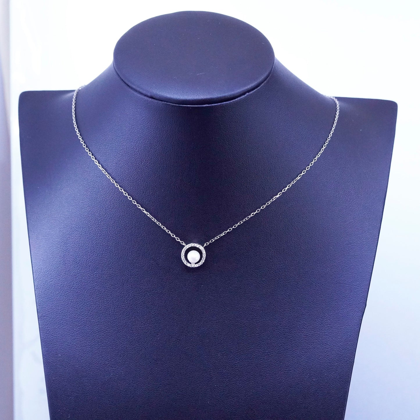 16+2”, vintage Sterling silver necklace, 925 circle chain with pearl pendant cz