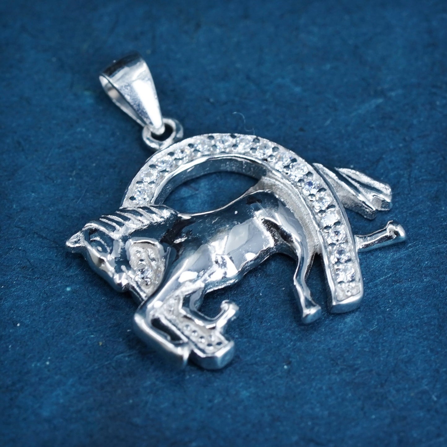 Vintage sterling silver horse pendant, 925 charm with cz horse shoe