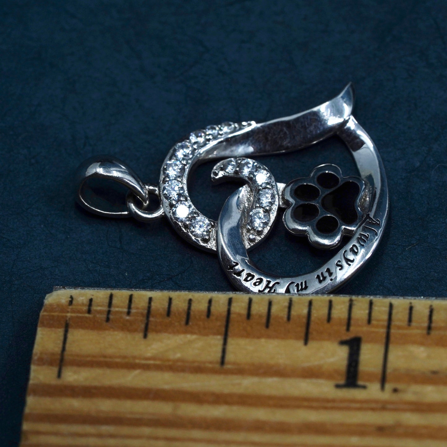 Vintage Sterling silver pendant 925 heart with paw and Cz “always in my heart”