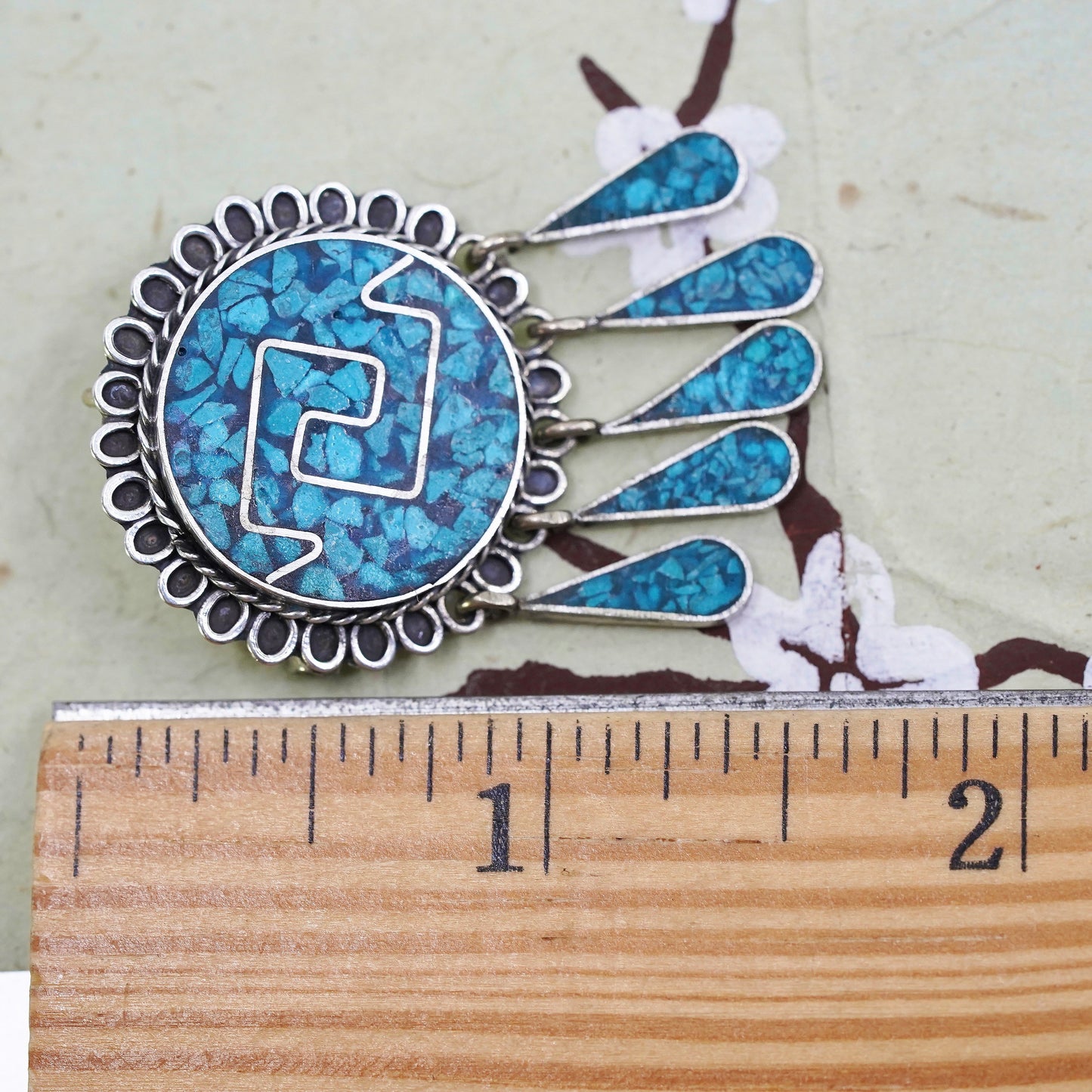 Mexican Sterling silver handmade brooch, 925 circle pin with teardrop turquoise