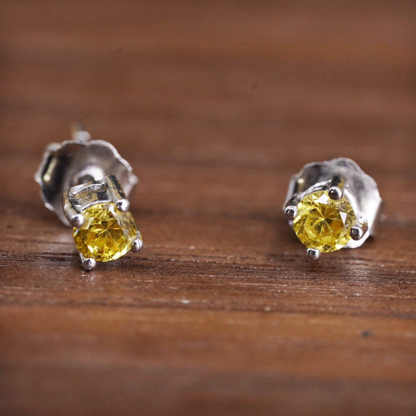 2mm, Vintage Sterling silver handmade earrings, 925 studs with citrine