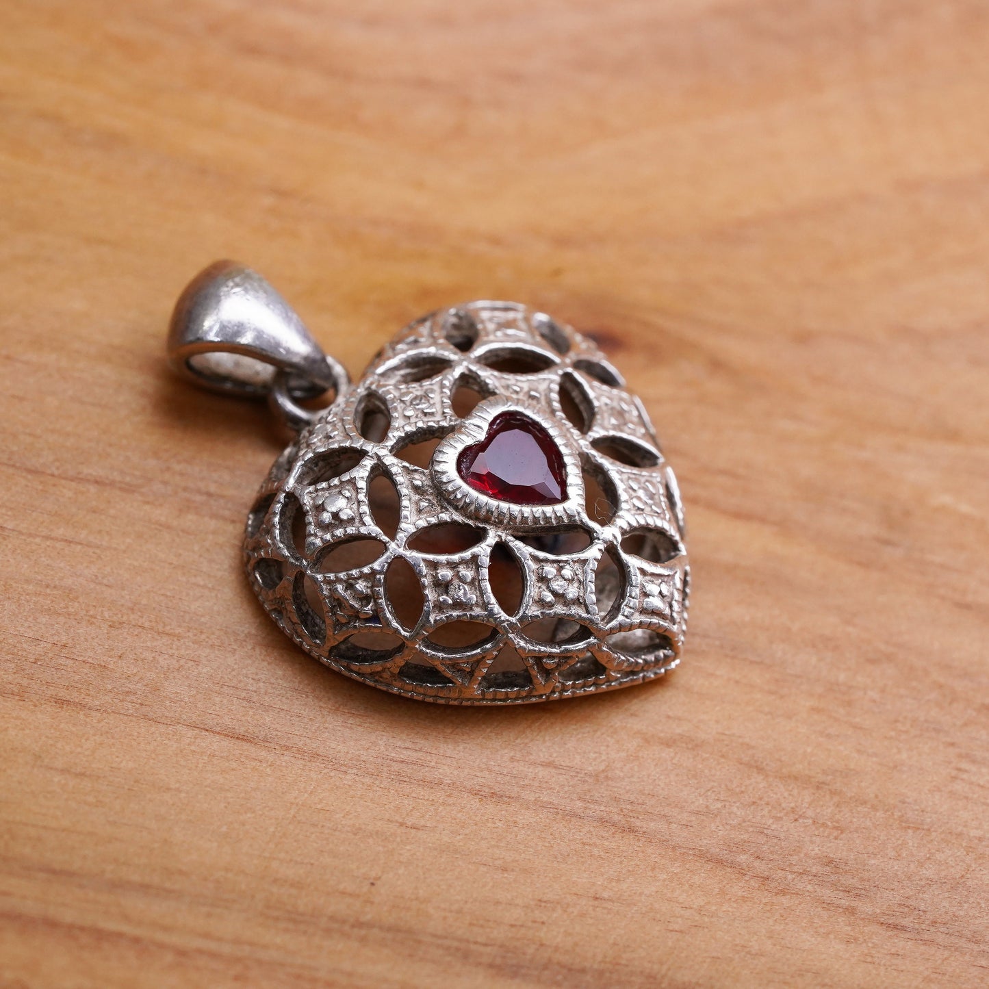 Vintage Sterling silver handmade pendant, 925 filigree heart with ruby