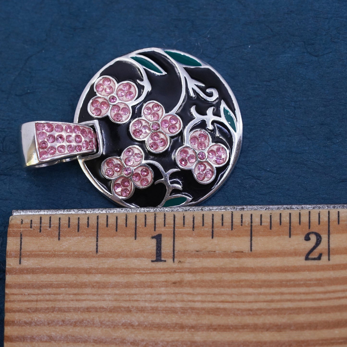 Sigal Sterling silver pendant, 925 black enamel circle with pink crystal flower