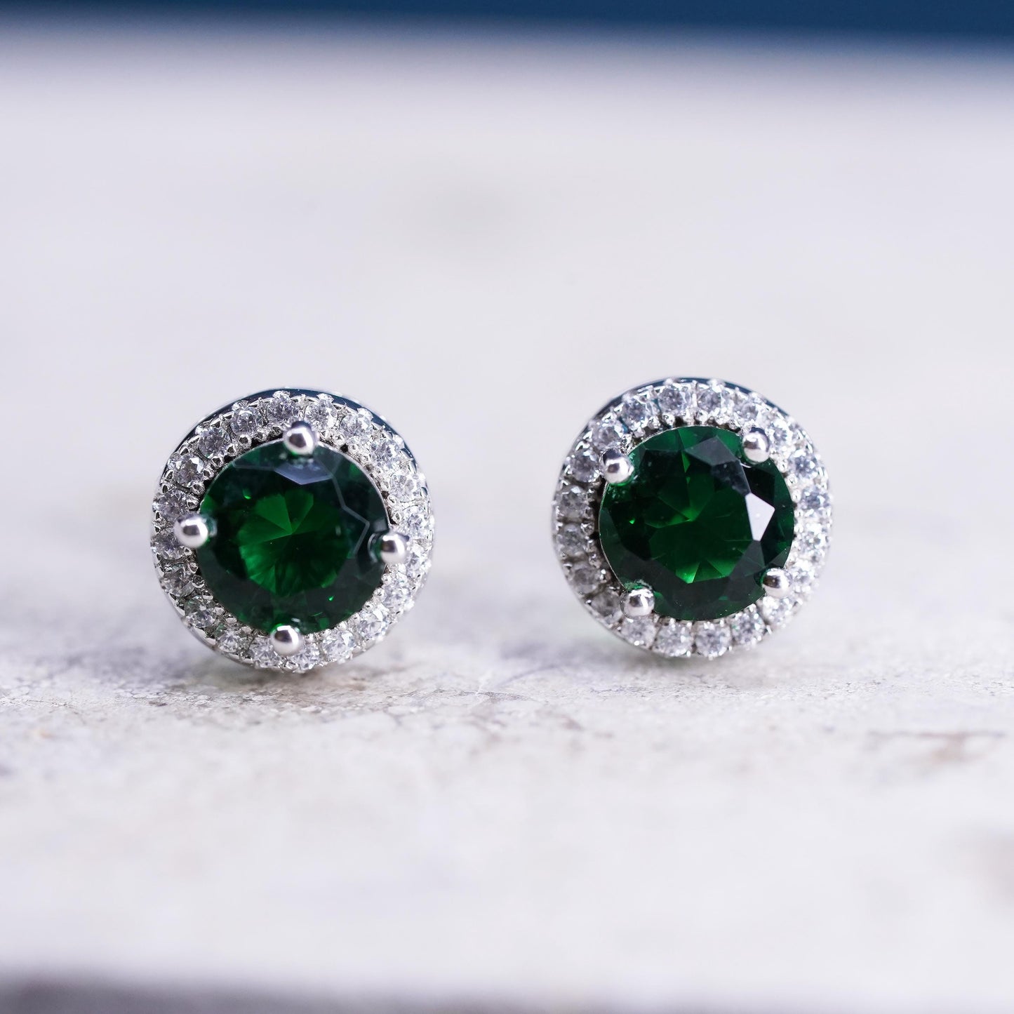 Vintage sterling silver handmade earrings, 925 studs with emerald and diamond