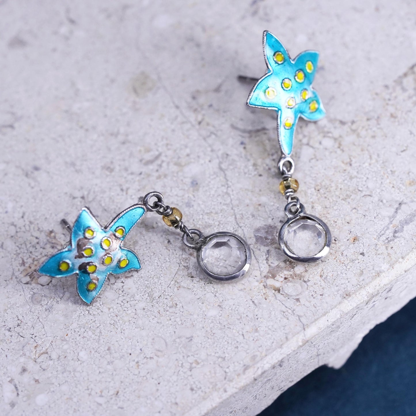 Vintage Sterling 925 silver handmade earrings, blue enamel starfish crystal