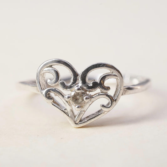 Size 7.25, Vintage sterling silver handmade ring, swirly heart ring with cz