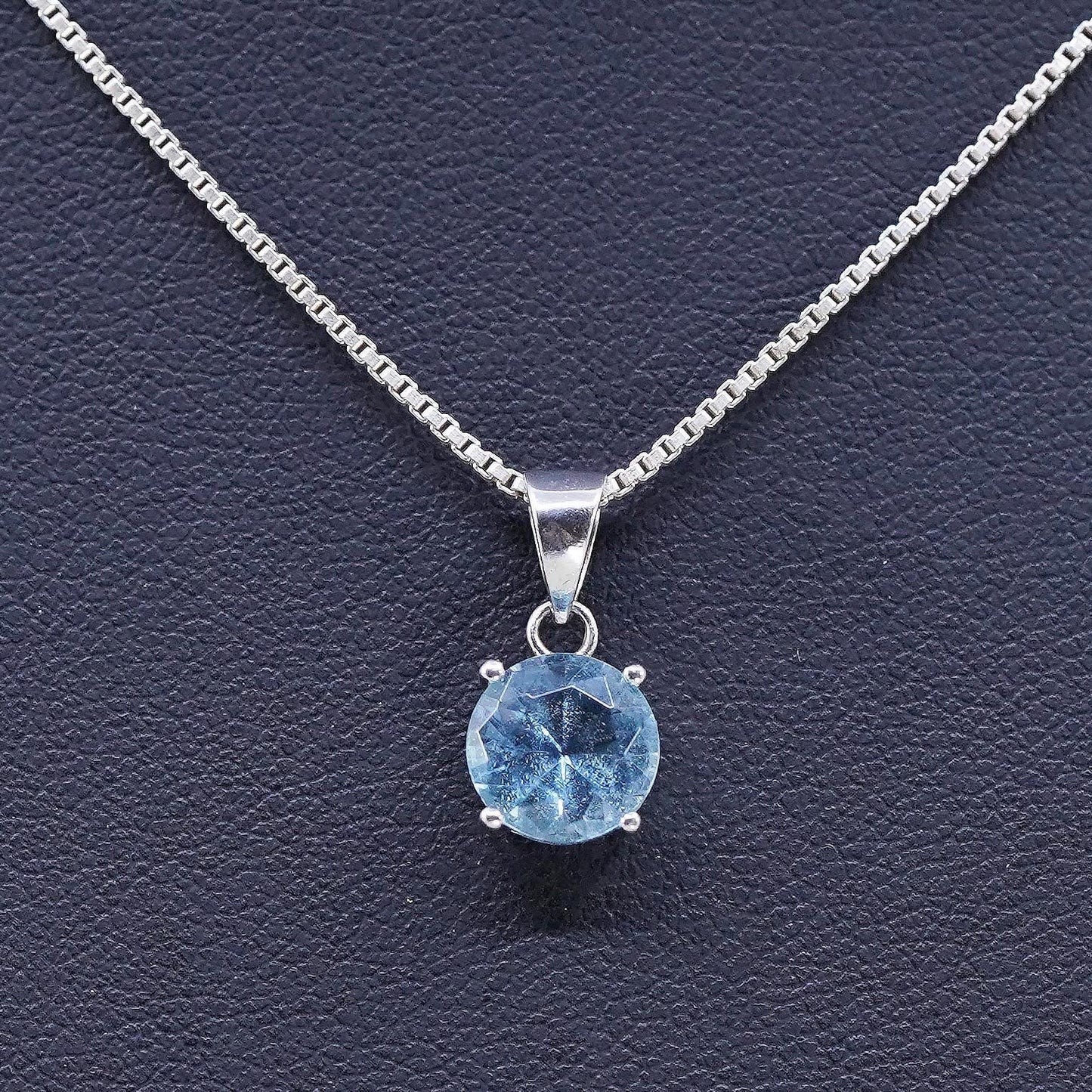 16”, Sterling silver handmade necklace, 925 box chain with blue Crystal pendant