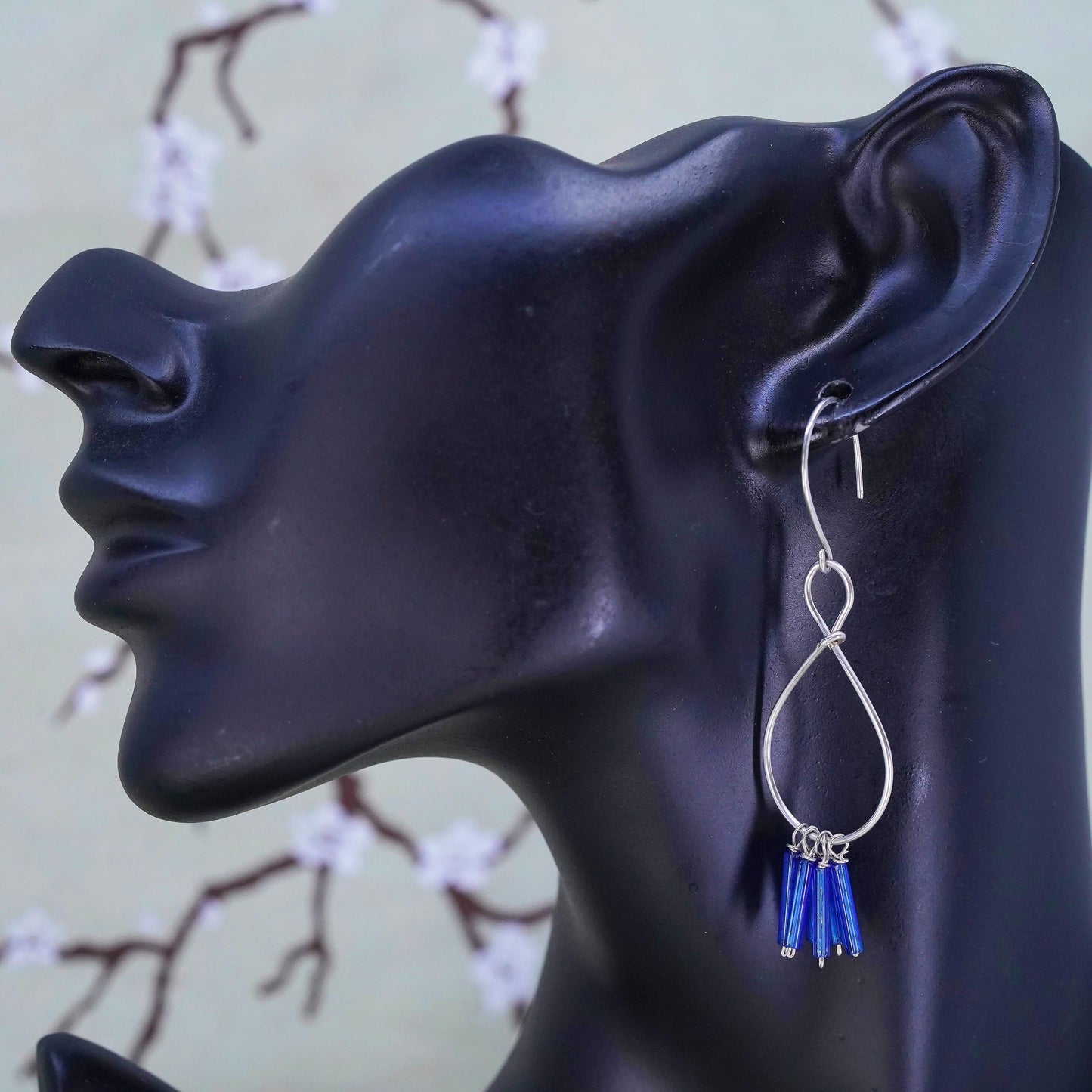 sterling silver wired earrings, 925 infinity loops cluster blue tube fringe