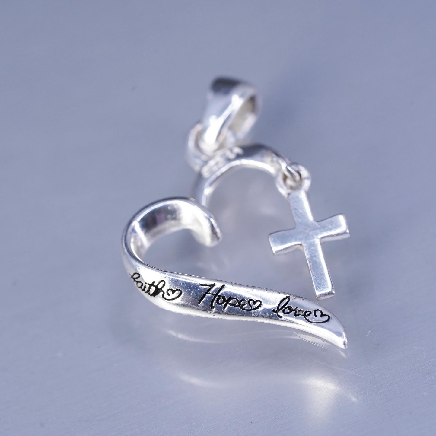 Vinatge sterling 925 silver heart pendant with cross embossed “faith hope love”