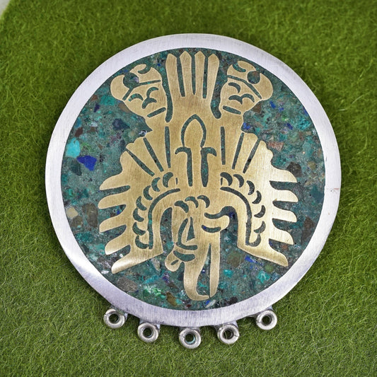 Mexican Hecho two tone sterling silver handmade pendant, 925 Aztec bird brooch