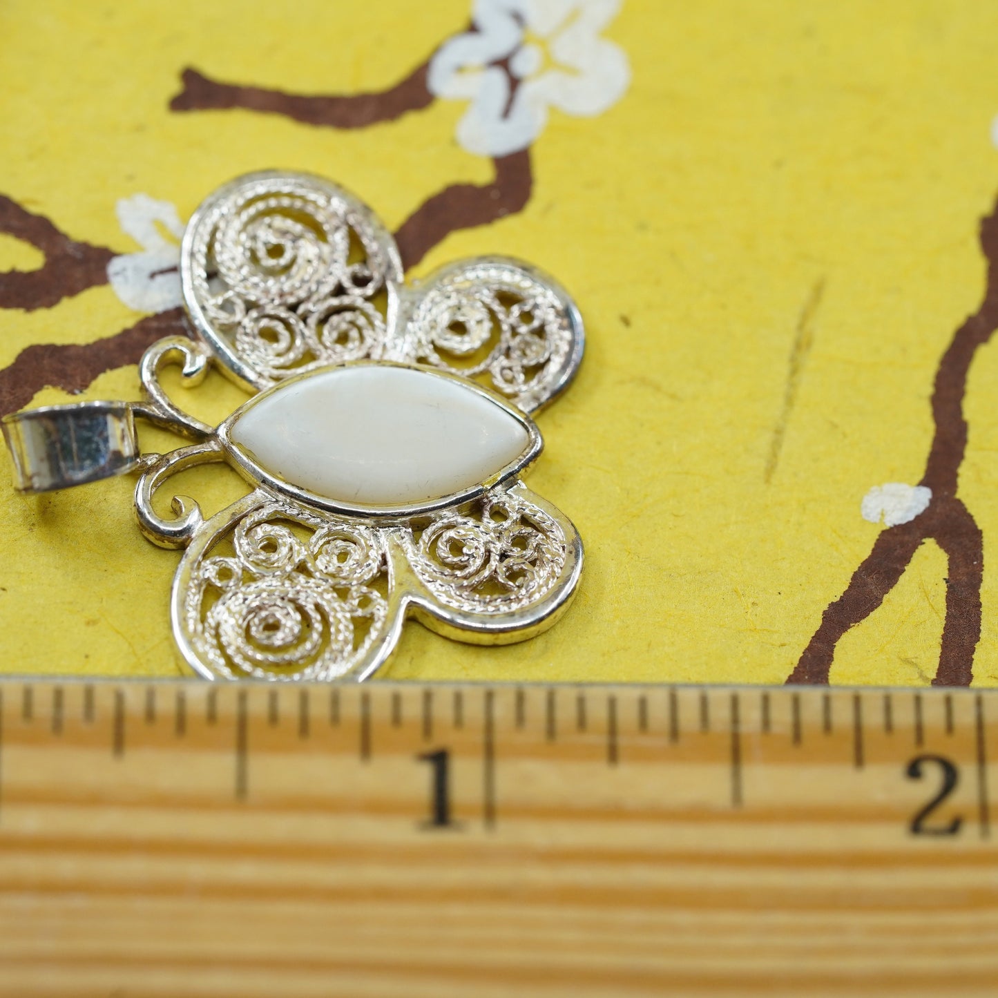 Vintage Sterling 925 silver handmade pendant, filigree butterfly with moonstone