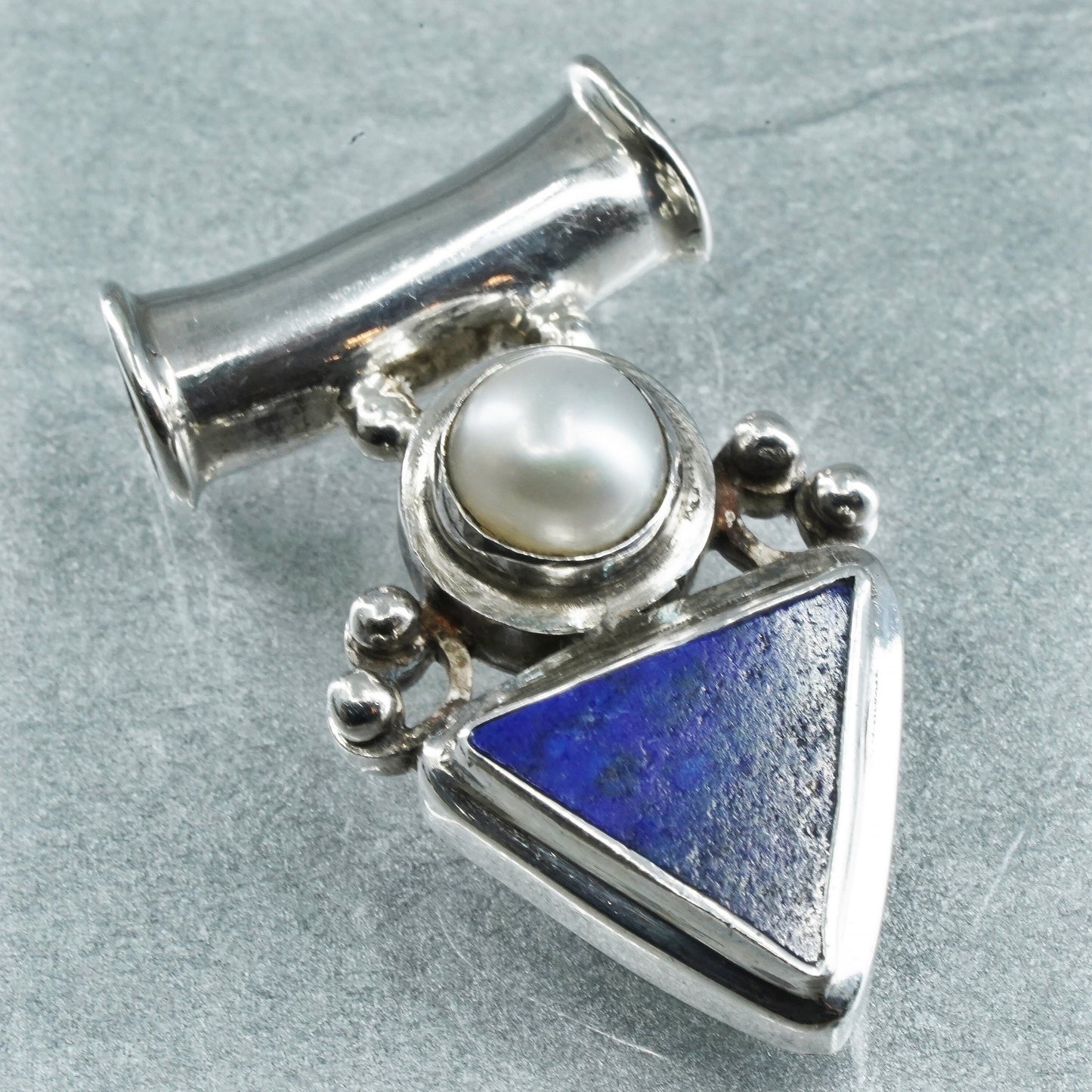 southwestern sterling 925 silver slide pendant triangular lapis lazuli pearl