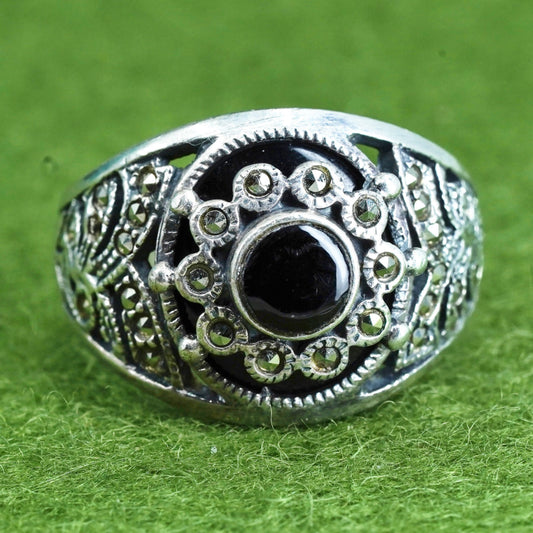 Size 10, vintage Sterling 925 silver handmade flower ring onyx and marcasite