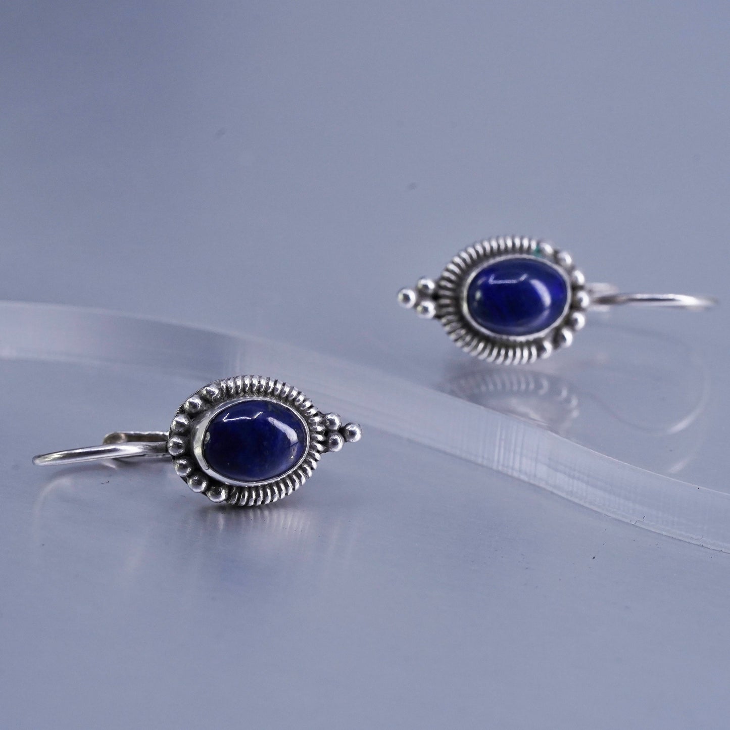 Vintage Sterling 925 silver handmade earrings with oval lapis lazuli