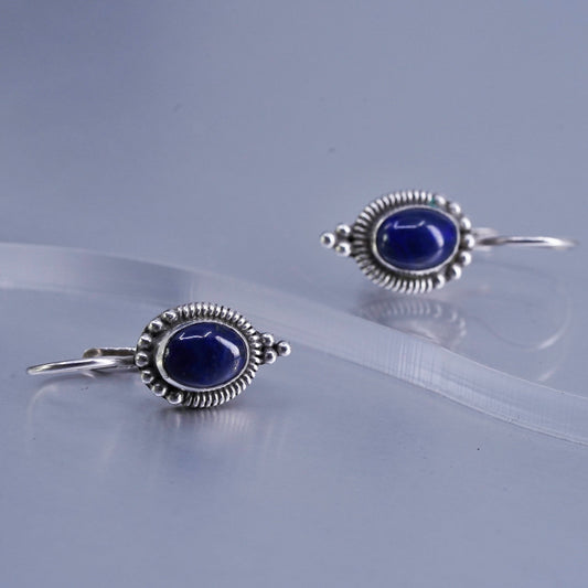 Vintage Sterling 925 silver handmade earrings with oval lapis lazuli