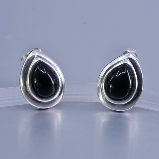 Vintage Sterling 925 silver handmade earrings, studs with teardrop onyx