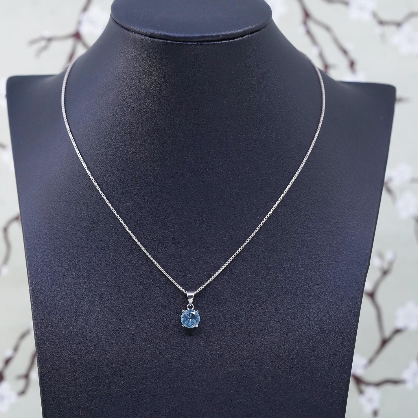 16”, Sterling silver handmade necklace, 925 box chain with blue Crystal pendant