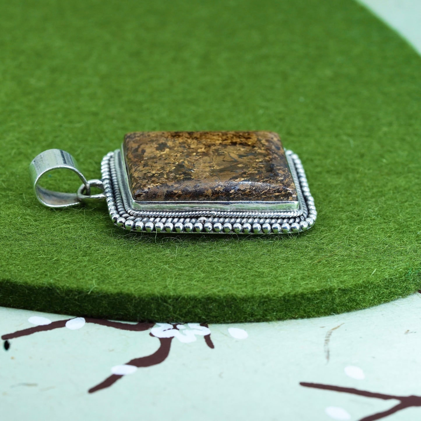 sterling silver handmade pendant with rectangular golden tiger eye and beads