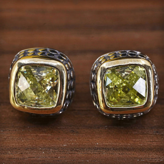 two tone Sterling 925 silver studs earrings with checkerboard cut peridot
