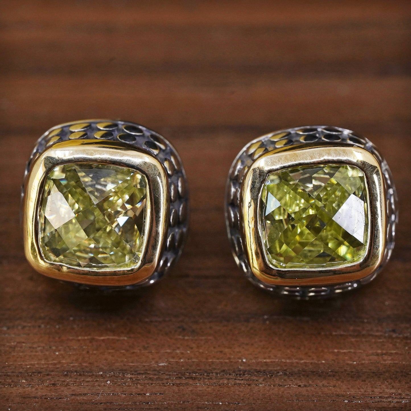 two tone Sterling 925 silver studs earrings with checkerboard cut peridot