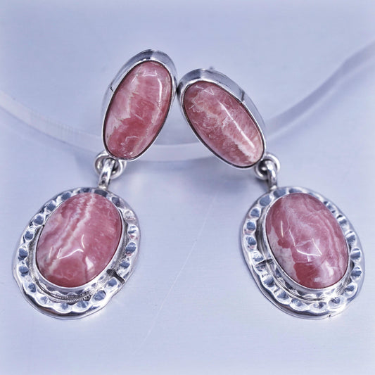 Vintage Sterling 925 silver handmade earrings with oval pink Rhodochrosite